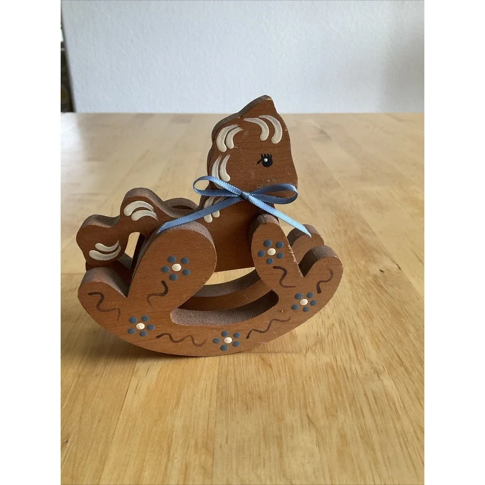Folk Art Hand Painted Carved Small Wooden Rocking Horse Wall Shelve 90s Blue